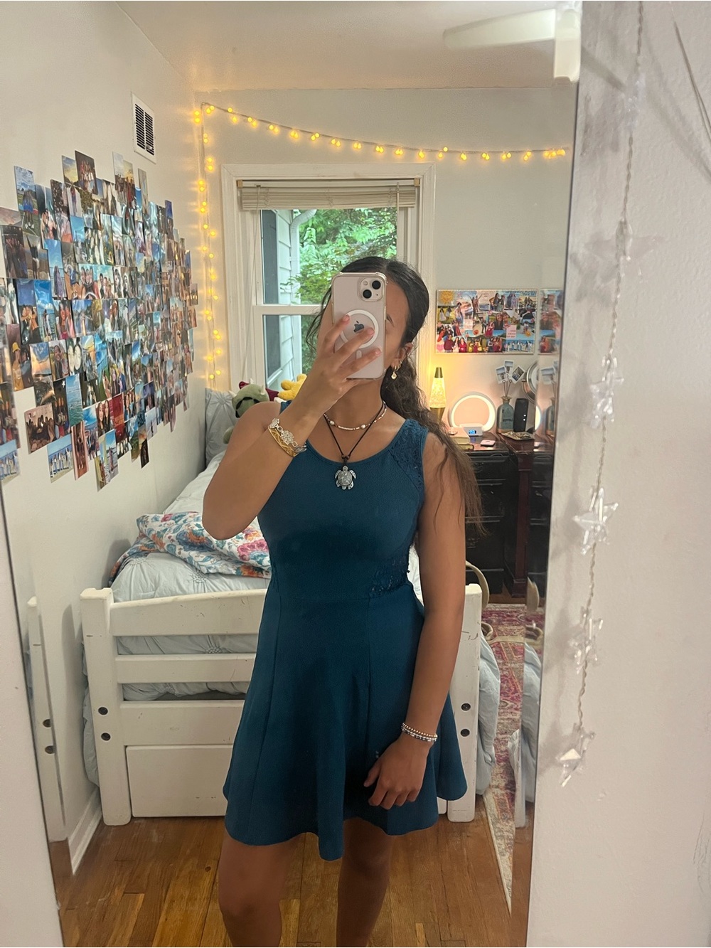 Sleeveless Teal Fit-and-Flare Dress with Lace Panels